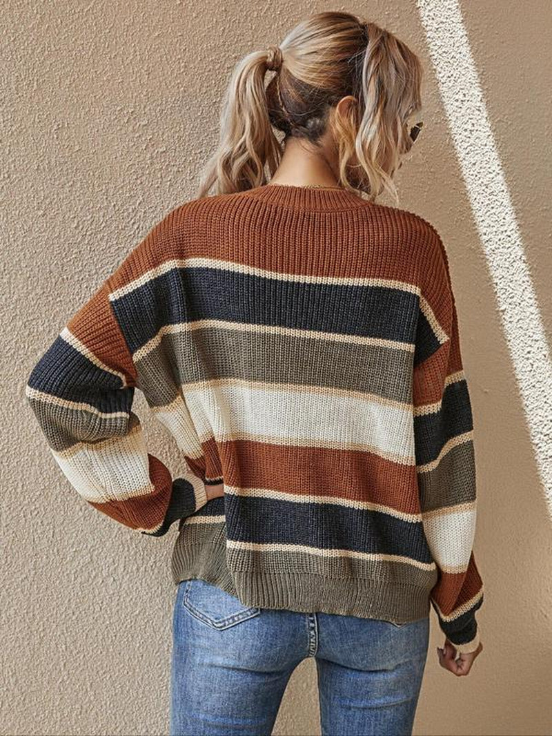 Women’s Color block Striped Knit Sweater – Casual Fall & Winter Top
