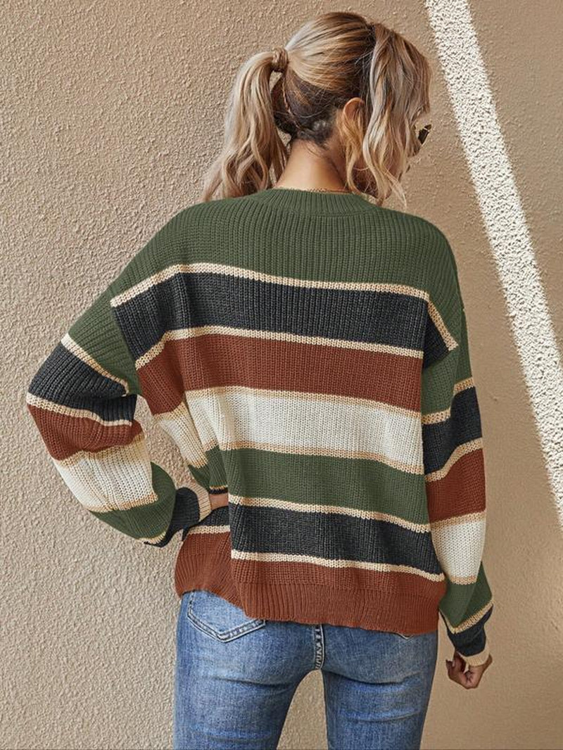 Women’s Color block Striped Knit Sweater – Casual Fall & Winter Top