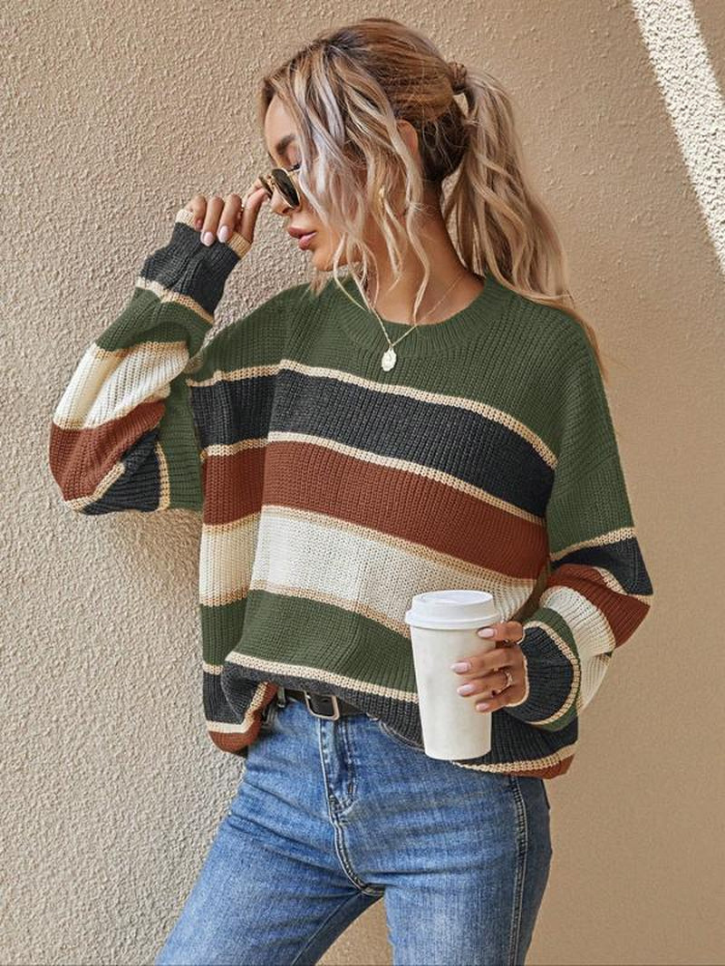 Women’s Color block Striped Knit Sweater – Casual Fall & Winter Top