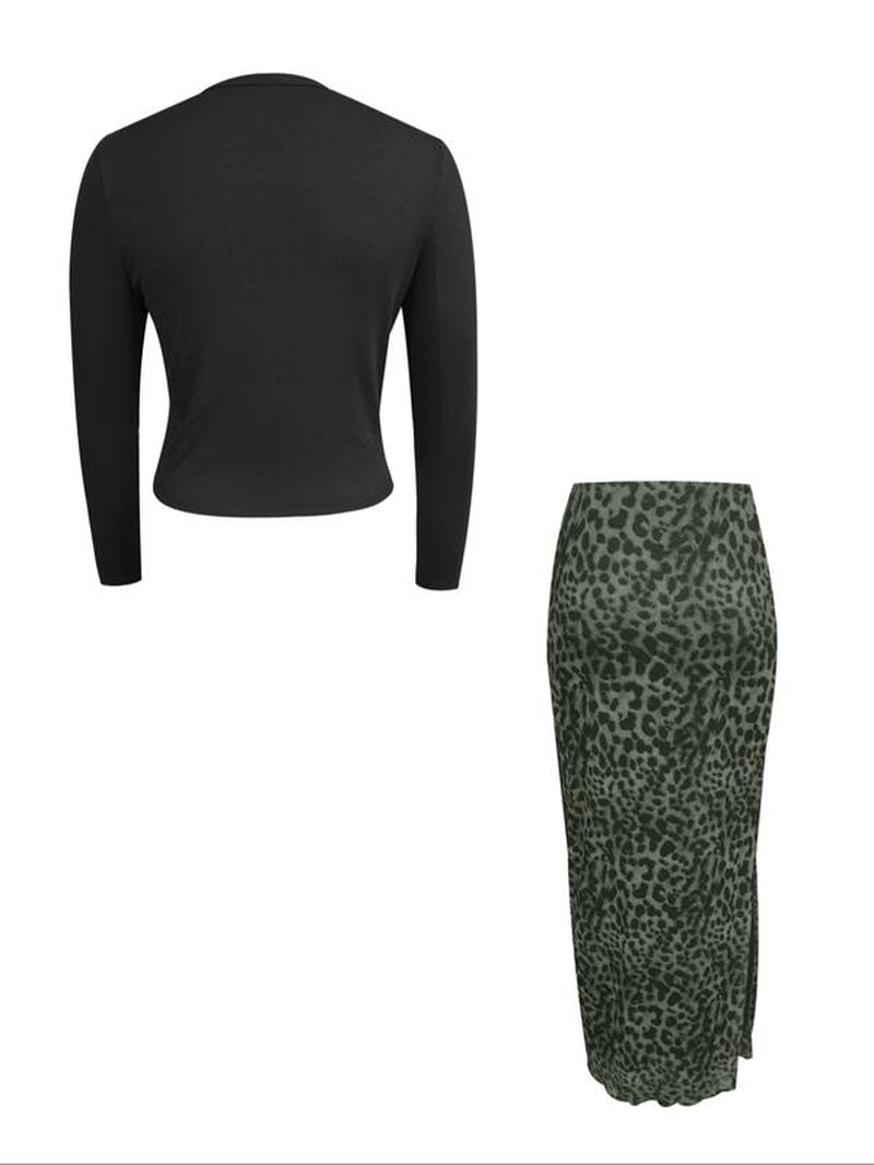 Women'S Stylish Solid Color Knitted Cardigan and Leopard Print Skirt Set