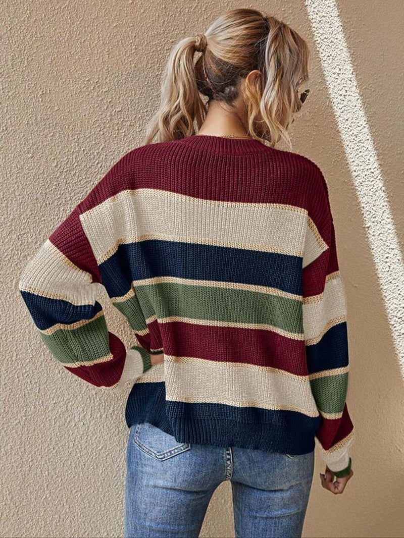 Women’s Color block Striped Knit Sweater – Casual Fall & Winter Top