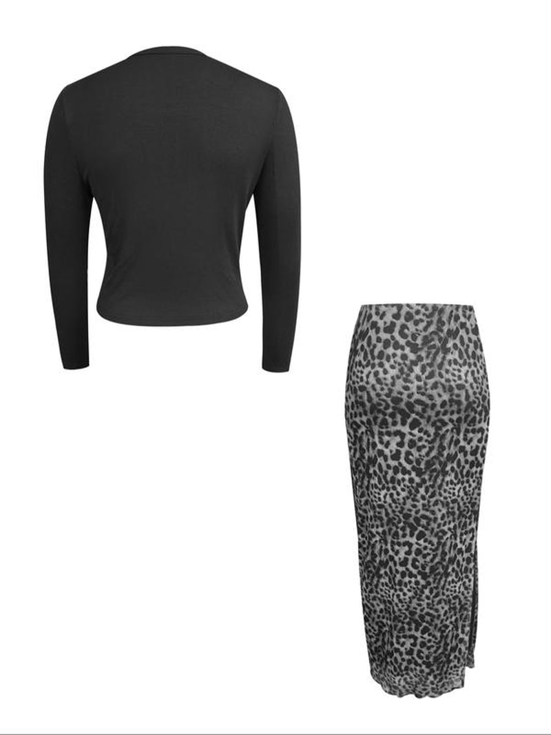 Women'S Stylish Solid Color Knitted Cardigan and Leopard Print Skirt Set