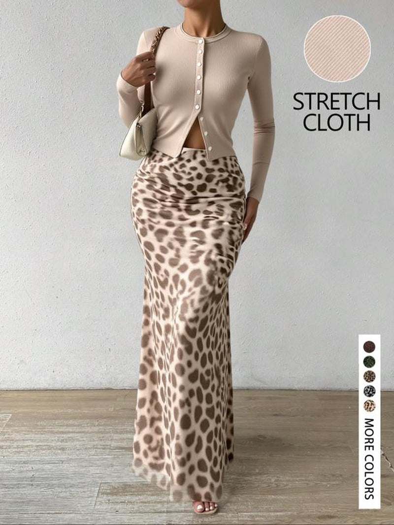 Women'S Stylish Solid Color Knitted Cardigan and Leopard Print Skirt Set