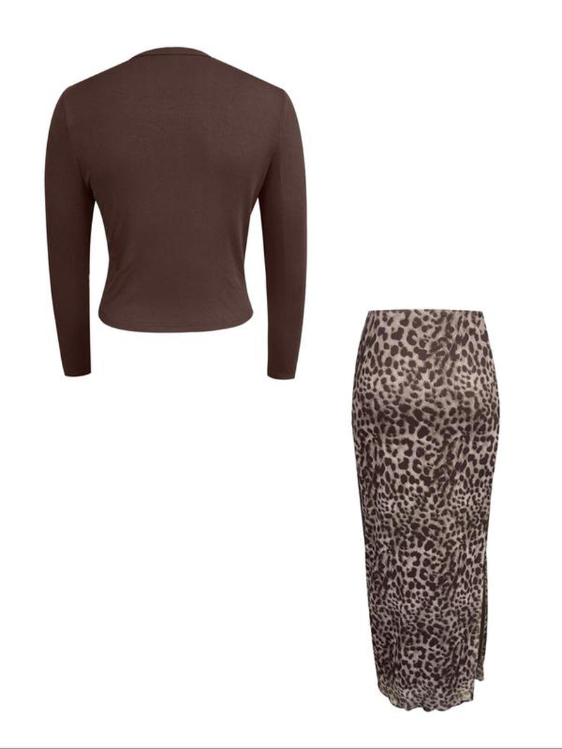 Women'S Stylish Solid Color Knitted Cardigan and Leopard Print Skirt Set