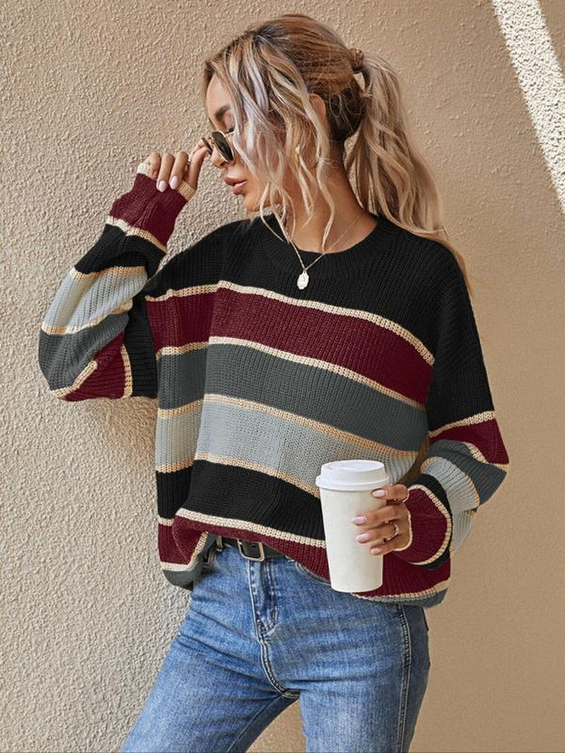Women’s Color block Striped Knit Sweater – Casual Fall & Winter Top