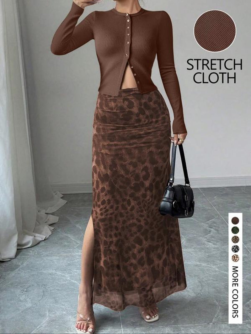 Women'S Stylish Solid Color Knitted Cardigan and Leopard Print Skirt Set