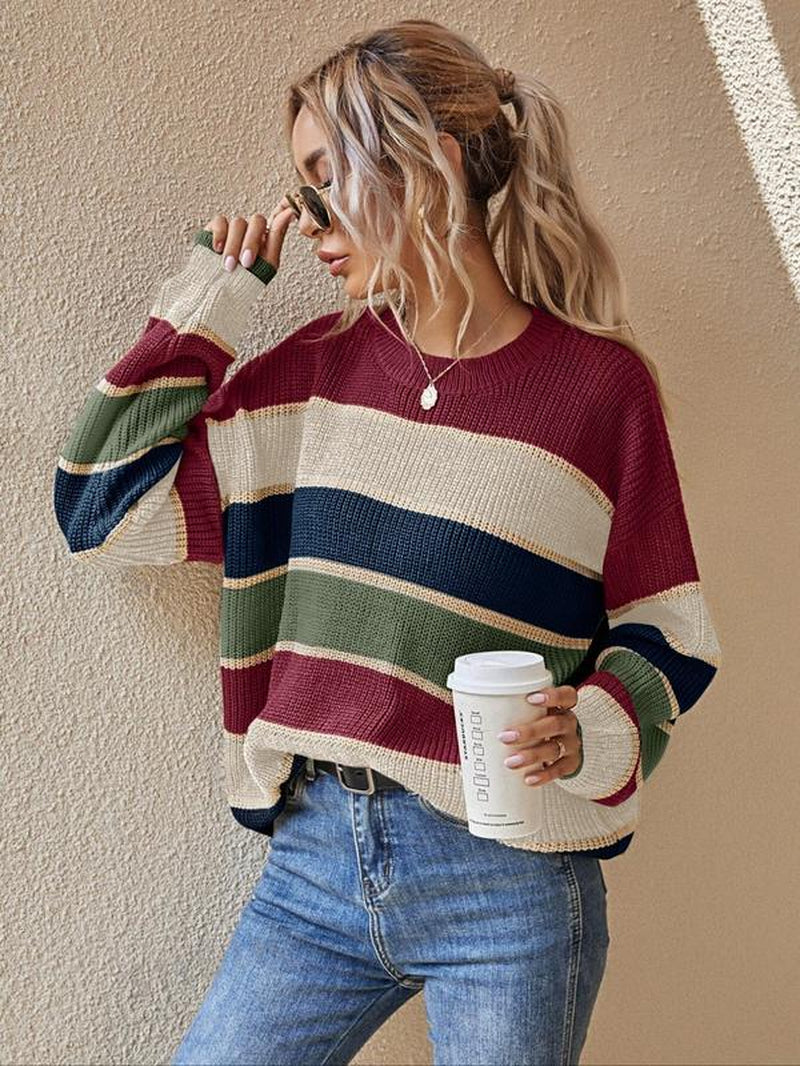 Women’s Color block Striped Knit Sweater – Casual Fall & Winter Top