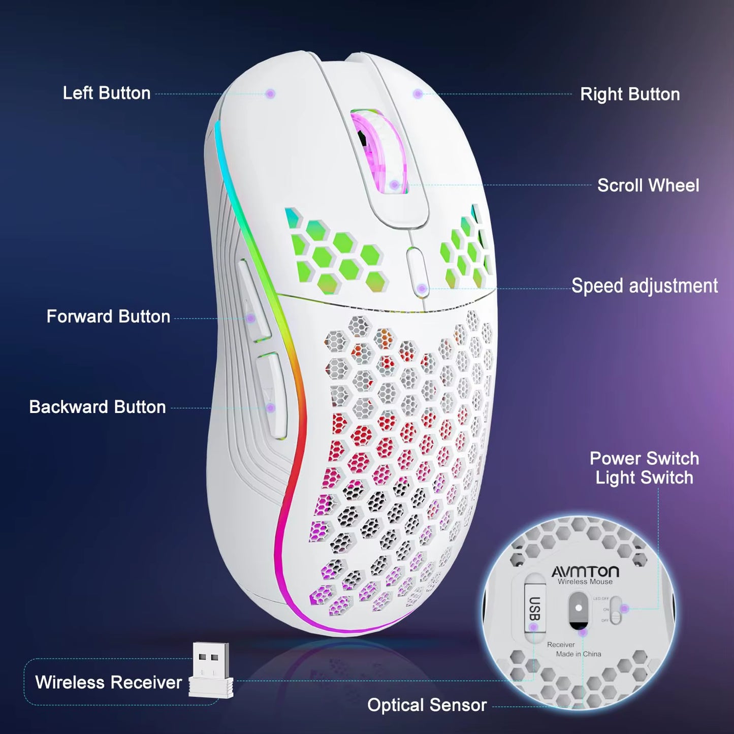 2.4G Wireless RGB Backlit Honeycomb Design Gaming Mouse