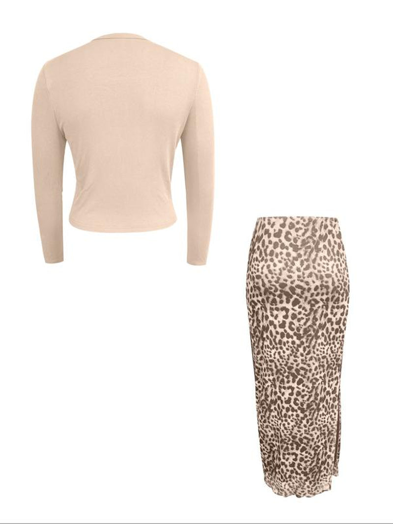 Women'S Stylish Solid Color Knitted Cardigan and Leopard Print Skirt Set