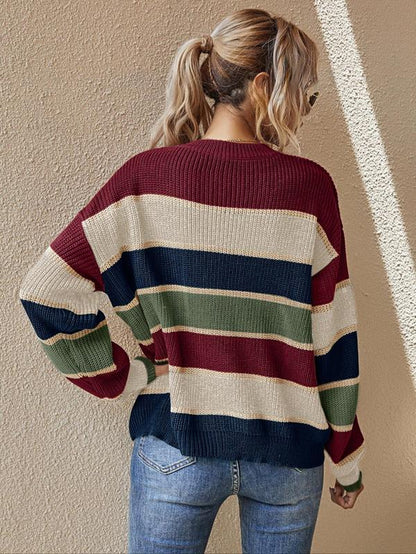 Women’s Color block Striped Knit Sweater – Casual Fall & Winter Top