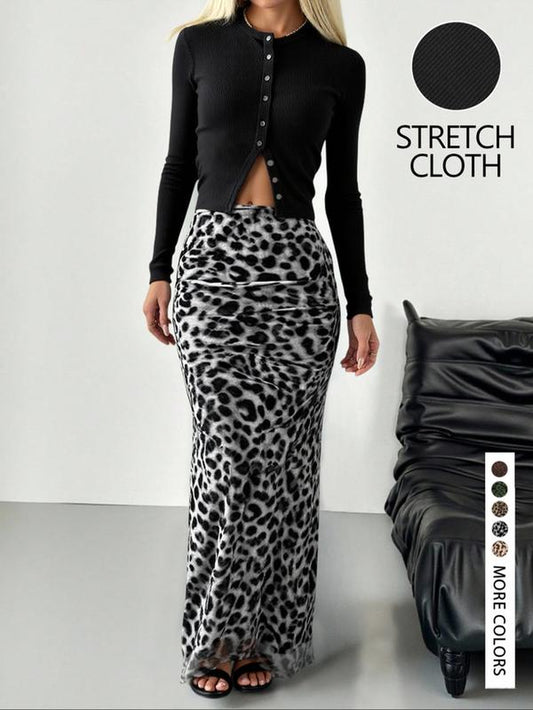 Women'S Stylish Solid Color Knitted Cardigan and Leopard Print Skirt Set
