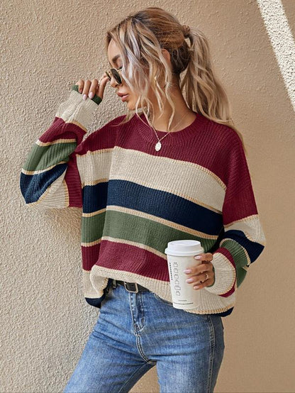 Women’s Color block Striped Knit Sweater – Casual Fall & Winter Top