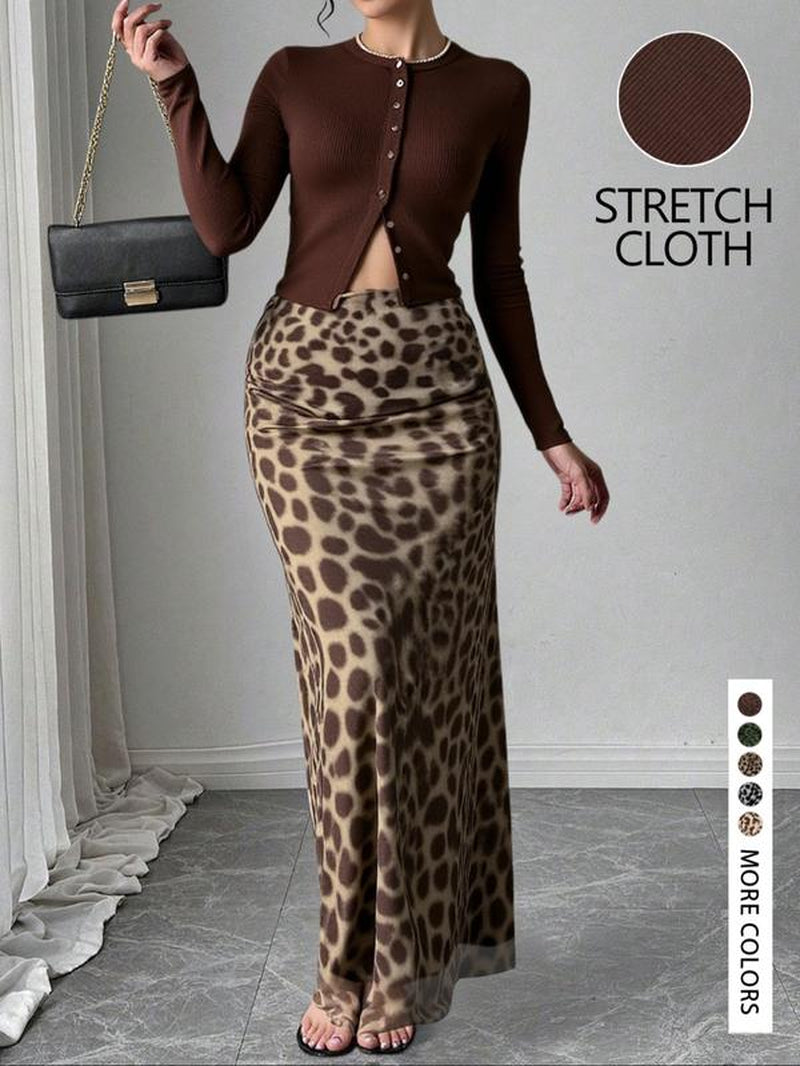 Women'S Stylish Solid Color Knitted Cardigan and Leopard Print Skirt Set