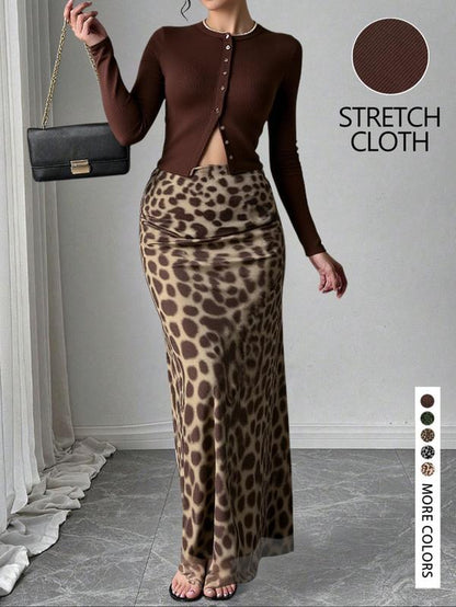 Women'S Stylish Solid Color Knitted Cardigan and Leopard Print Skirt Set