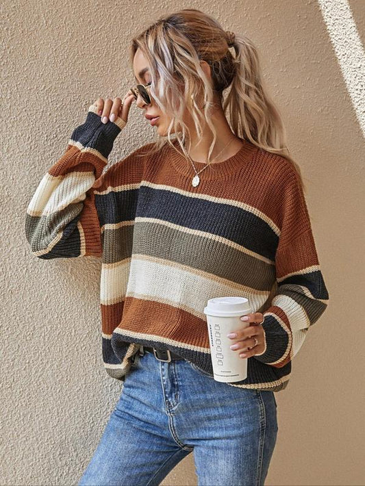 Women’s Color block Striped Knit Sweater – Casual Fall & Winter Top